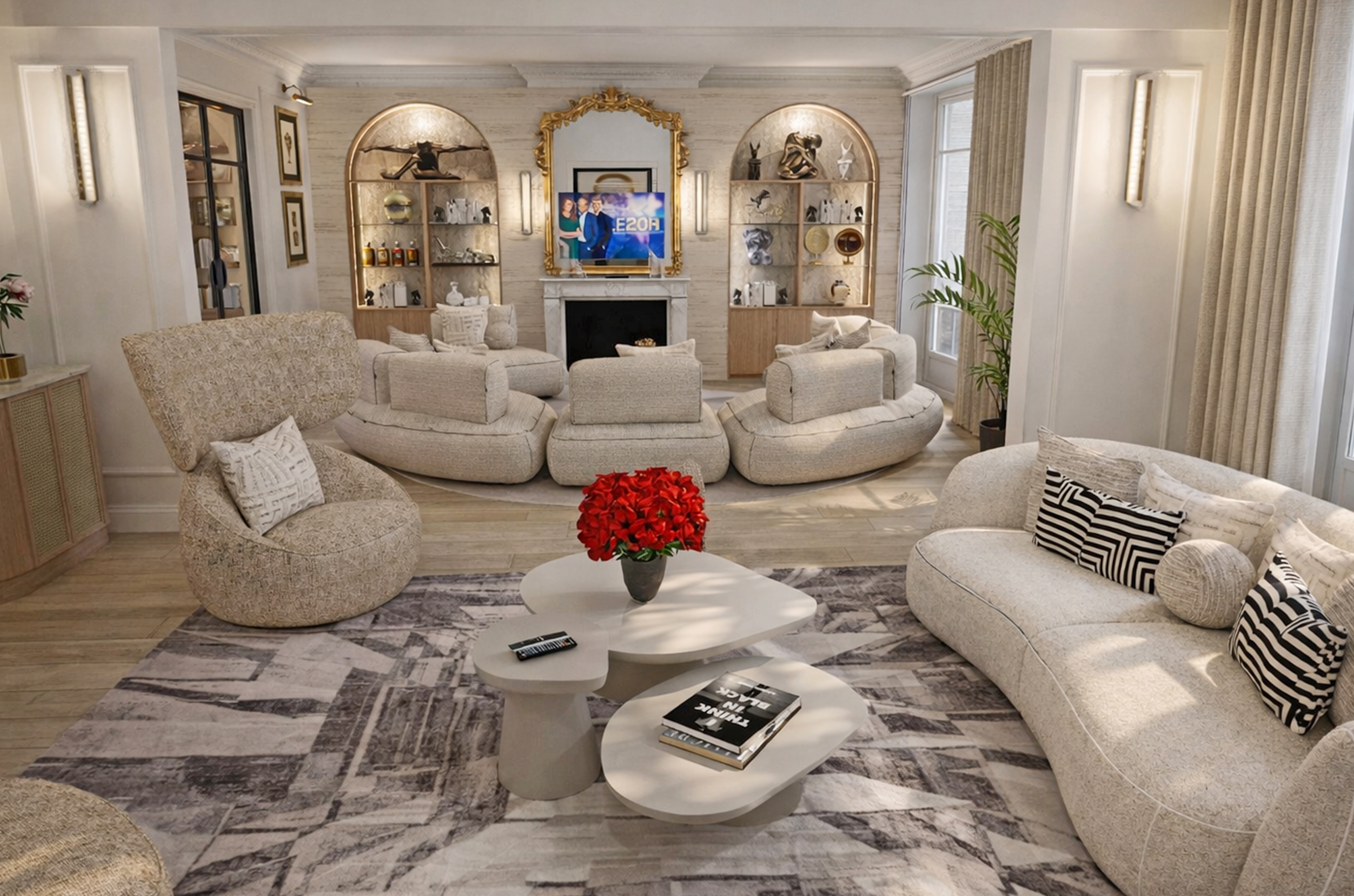 Vue d'ensemble d'un salon de réception parisien haut de gamme avec des canapés incurvés crème, un tapis graphique gris et une ouverture sur la salle à manger.