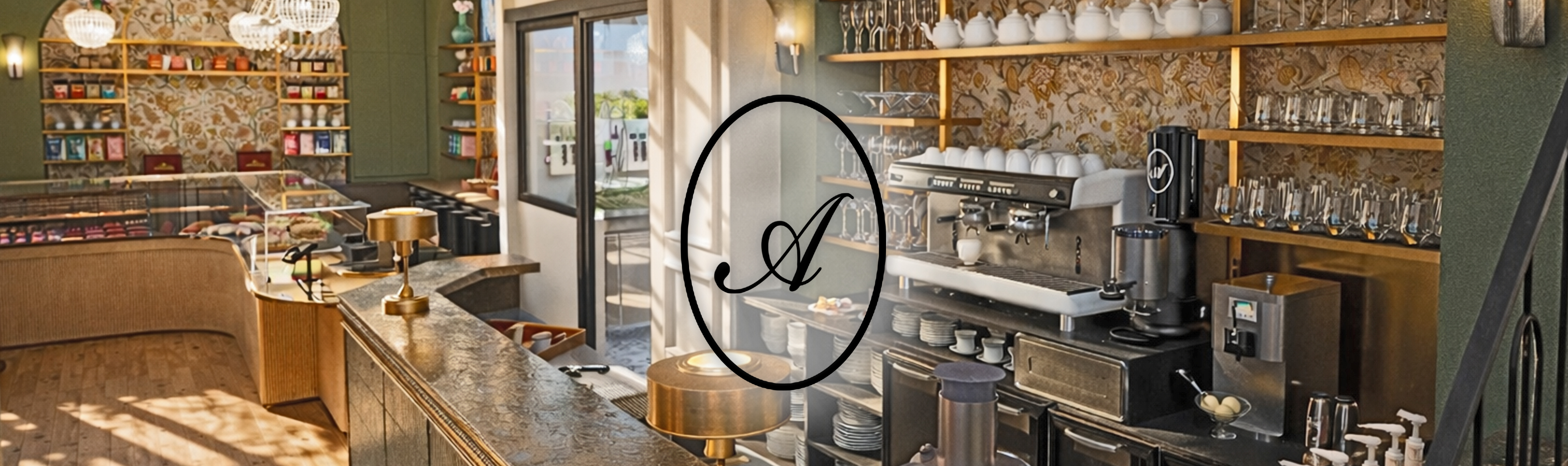 Agencement complet du comptoir de vente par Studio Vesta, mêlant bois clair, vitrines réfrigérées haut de gamme et niches décoratives rétroéclairées.