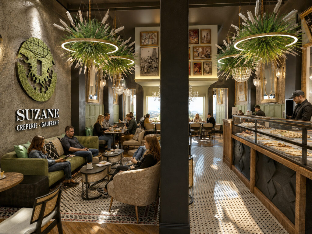 Architecture d'intérieur du restaurant Suzane Crêperie avec espace lounge, canapé vert olive, lustres végétaux suspendus et vitrine gourmande.