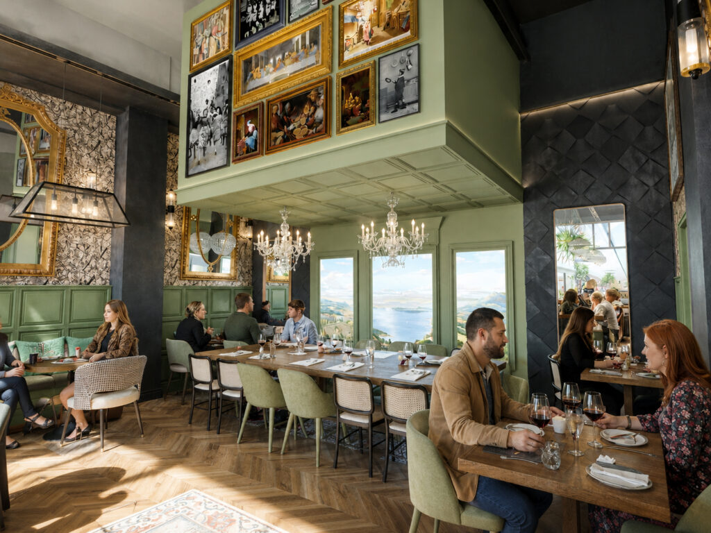 Salle de restaurant avec grande table d'hôte en bois, soubassements vert sauge, lustres en cristal et mur de cadres rétro.