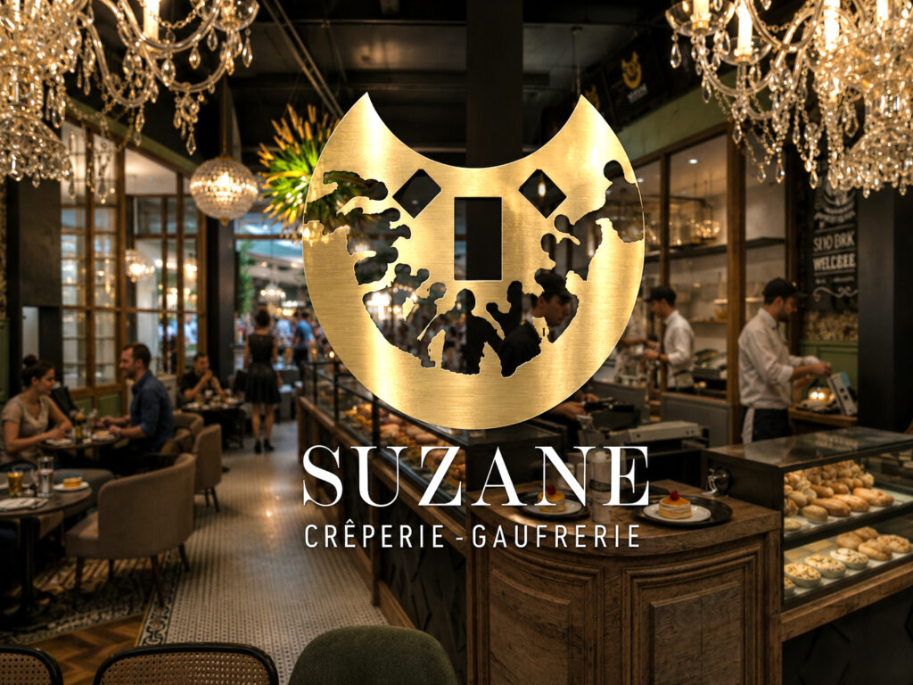 Gros plan sur le logo en laiton doré Suzane Crêperie Gaufrerie au-dessus du comptoir de présentation des pâtisseries et lustres rétro.