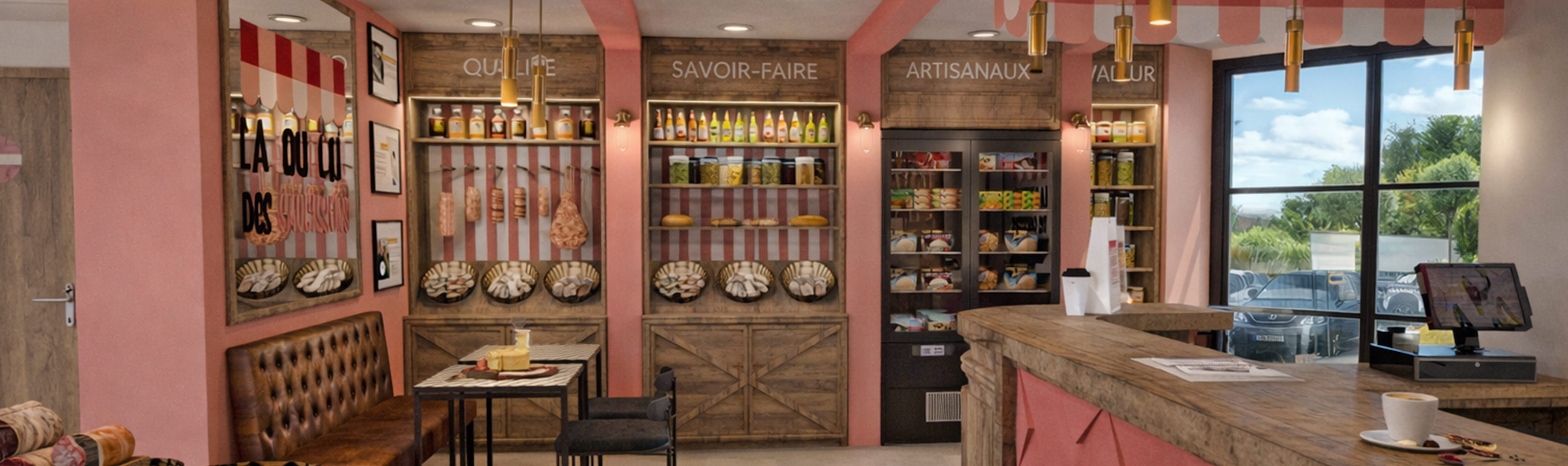 Vue sur le pôle d'accueil en bois avec un soubassement à motifs géométriques rouges, jouxtant un espace de dégustation équipé de tables hautes et d'une banquette en cuir capitonnée.